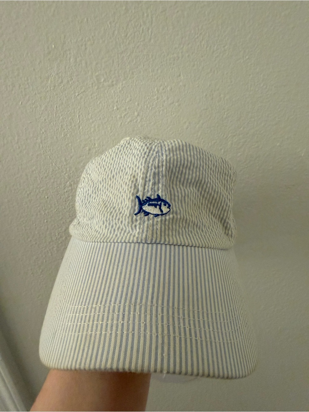 Women’s Seersucker Baseball Cap with Blue Fish Embroidery